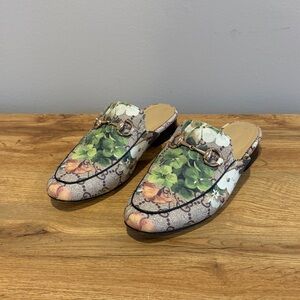 Designer Inspired Floral Green Loafers with Gold Accents